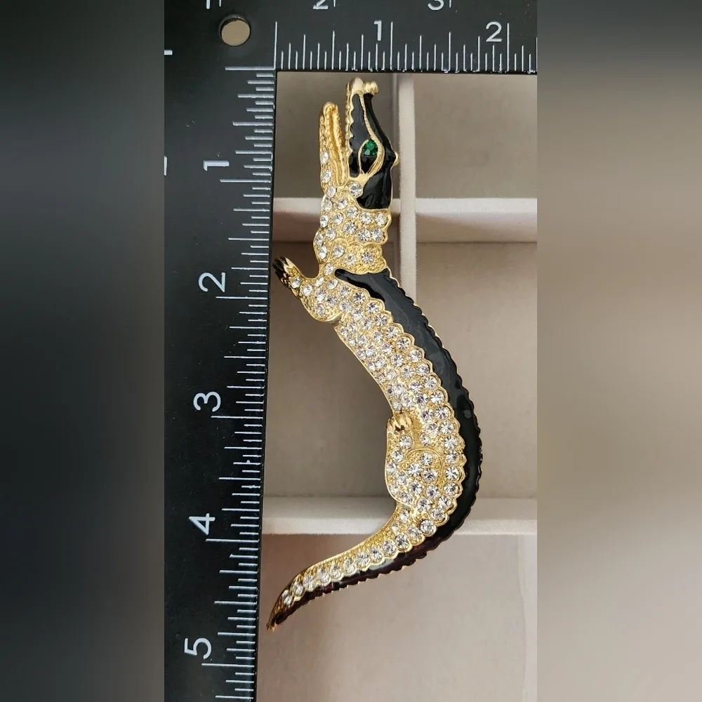 Large Statement Alligator Crocodile Austrian Crystal and Enamel Brooch Pin